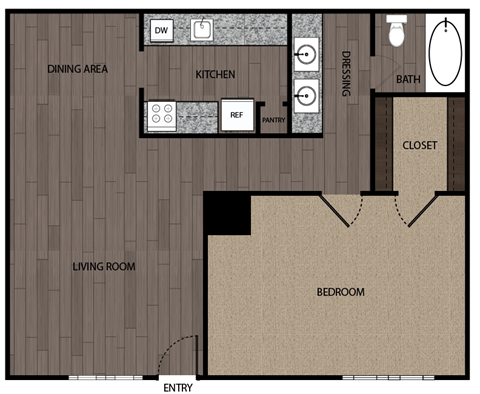 Floor plan for 1 bed, 1 bath, 707 sqft